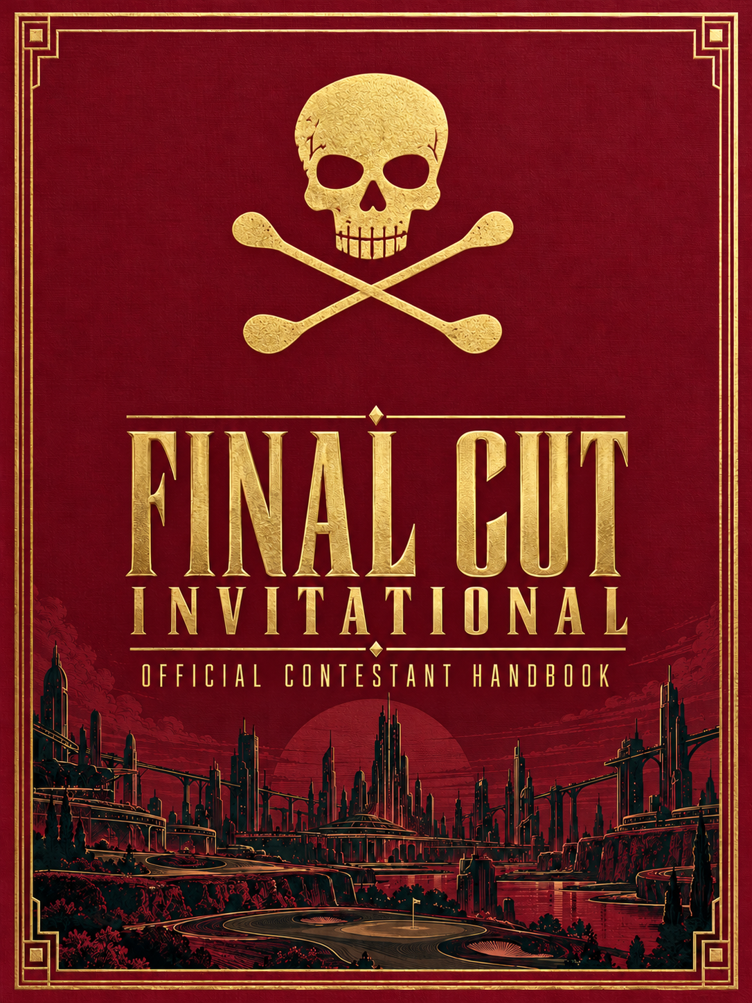Burgundy and gold official handbook cover, featuring the flag's skull and crossed putters emblem above the Skyline arena.