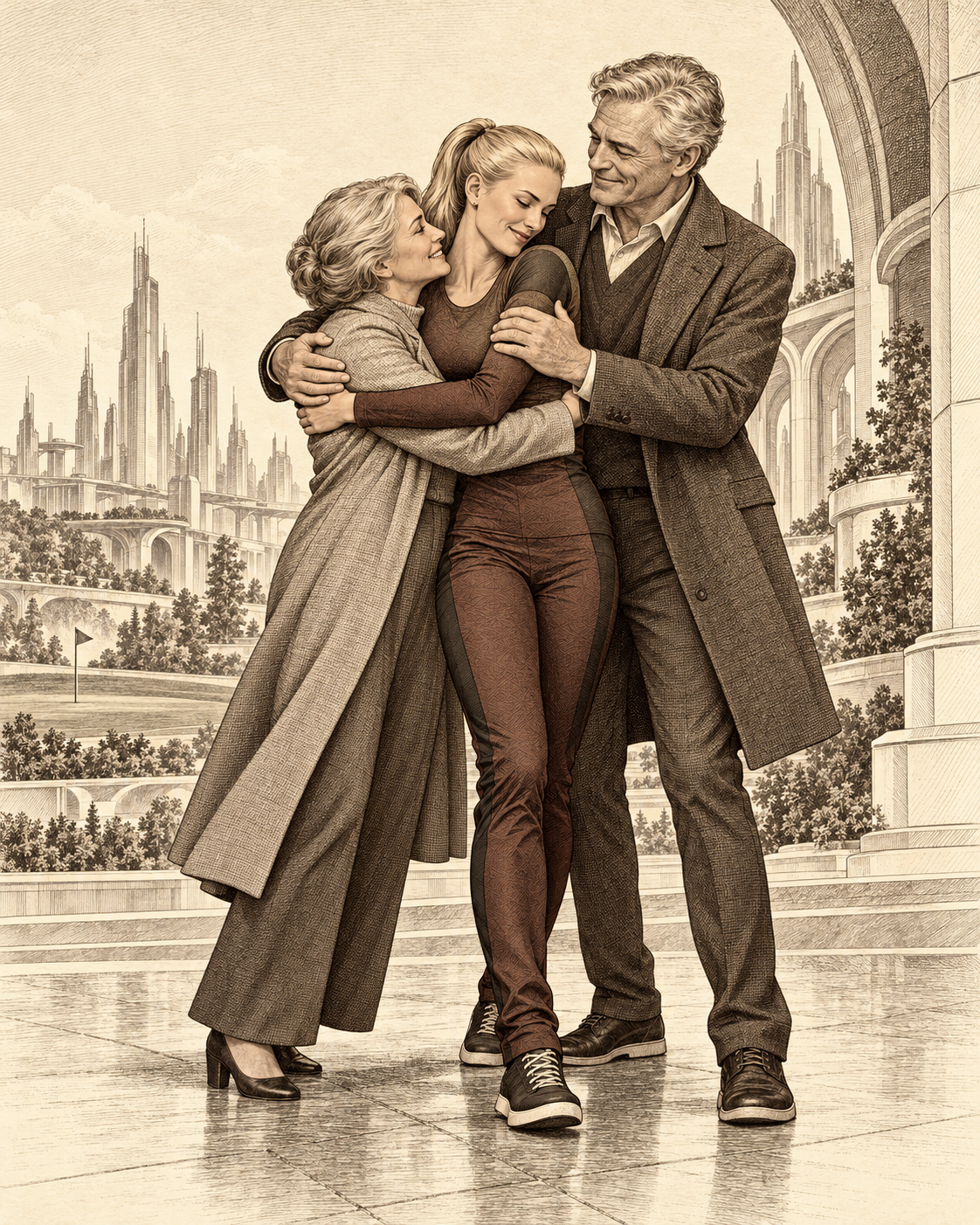 An antique engraving of the victorious adult contestant embracing her older adult parents outside the arena.