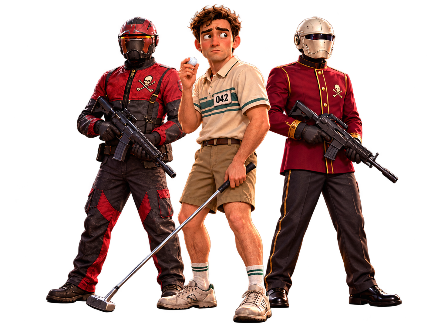 Contestant 042 holding a golf ball and putter, flanked by an Arena Marshal and Corporate Security guard